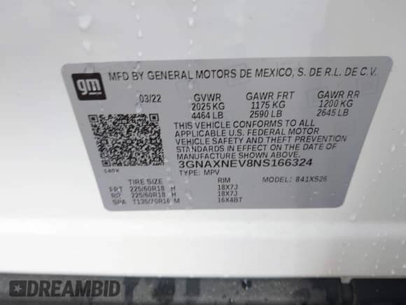 2022 Chevrolet Equinox Premier с VIN 3GNAXNEV8NS166324, выставлен на аукционе IAAI как лот 42233567 с пробегом 35 761 миль миль и . История ставок и продаж доступна на DreamBid. Изображение 9.