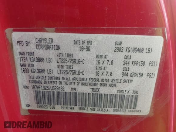 ✅ 1997 Dodge 1500 • VIN: 1B7HF13Z5VJ529432 • Lot: 43855883. Wystawiony na IAAI z przebiegiem 176 042 mil. Bezpłatny archiwum sprzedaży aukcyjnych z USA i szczegółowy raport historii pojazdu na DreamBid. Zdjęcie 9.