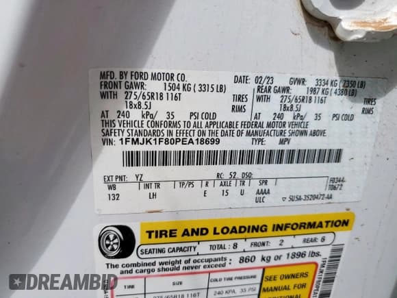 ✅ 2023 Ford Expedition • VIN: 1FMJK1F80PEA18699 • Лот: 69609735. Опубликован ранее на Copart с пробегом 42 112 миль. Бесплатный доступ к архиву аукционных продаж из США и подробный отчёт об истории автомобиля на DreamBid. Изображение 13.