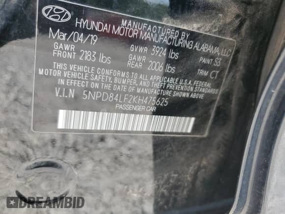 2019 Hyundai Elantra Limited with VIN 5NPD84LF2KH475625, listed as a Copart auction lot 71839745 with 93,235 mi miles and Salvage title. Bid and sale history available at DreamBid. Image 12.