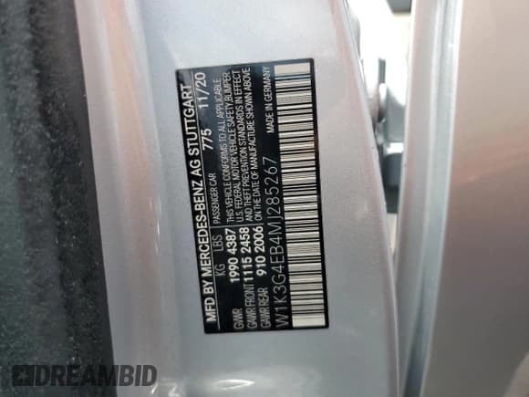 ✅ 2021 Mercedes-Benz A 220 • VIN: W1K3G4EB4MJ285267 • Лот: 58390745. Опубликован ранее на Copart с пробегом 95 003 миль. Бесплатный доступ к архиву аукционных продаж из США и подробный отчёт об истории автомобиля на DreamBid. Изображение 12.