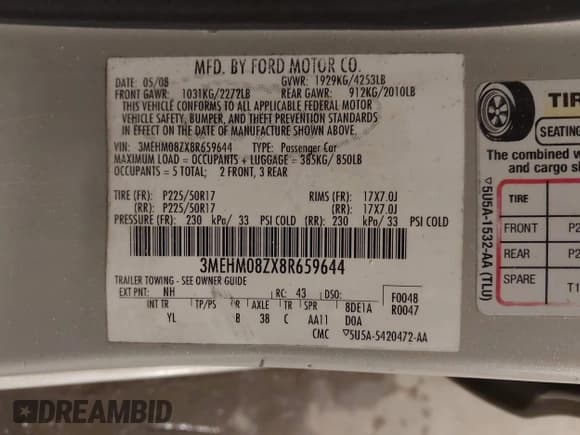 ✅ 2008 Mercury Milan Premier • VIN: 3MEHM08ZX8R659644 • Lot: 43672975. Wystawiony na IAAI z przebiegiem 247 953 mil. Bezpłatny archiwum sprzedaży aukcyjnych z USA i szczegółowy raport historii pojazdu na DreamBid. Zdjęcie 9.