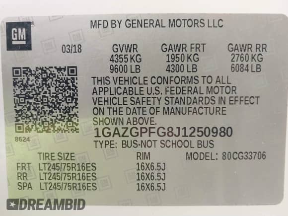 2018 Chevrolet Express Passenger LT z VIN 1GAZGPFG8J1250980, wystawiony jako IAAI lot #41346087 z przebiegiem Nie podano mil oraz . Historia ofert i sprzedaży dostępna na DreamBid. Obrazek 9.