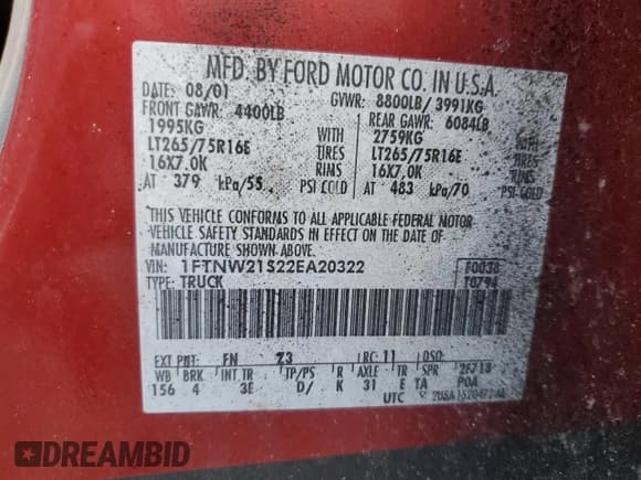 ✅ 2002 Ford F-250 XL • VIN: 1FTNW21S22EA20322 • Lot: 50710815. Listed on Copart with 176,013 mi. Free auction sales archive from the USA and detailed vehicle history report at DreamBid. Image 12.