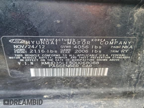 ✅ 2013 Hyundai Elantra • VIN: KMHD35LE5DU068088 • Lot: 94168745. Listed on Copart with Not provided. Free auction sales archive from the USA and detailed vehicle history report at DreamBid. Image 12.