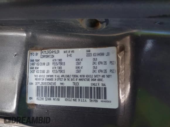 ✅ 2001 Dodge Dakota • VIN: 1B7FL26X91S342103 • Lot: 41277465. Wystawiony na IAAI z przebiegiem 157 993 mil. Bezpłatny archiwum sprzedaży aukcyjnych z USA i szczegółowy raport historii pojazdu na DreamBid. Zdjęcie 9.