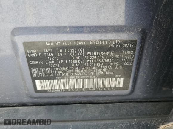 ✅ 2013 Subaru Outback • VIN: 4S4BREPC0D2220367 • Lot: 70515665. Listed on Copart with 94,469 mi. Free auction sales archive from the USA and detailed vehicle history report at DreamBid. Image 13.