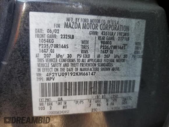 ✅ 2002 Mazda Tribute LX • VIN: 4F2YU09192KM66147 • Лот: 86491595. Опубликован ранее на Copart с пробегом 217 251 миль. Бесплатный доступ к архиву аукционных продаж из США и подробный отчёт об истории автомобиля на DreamBid. Изображение 12.