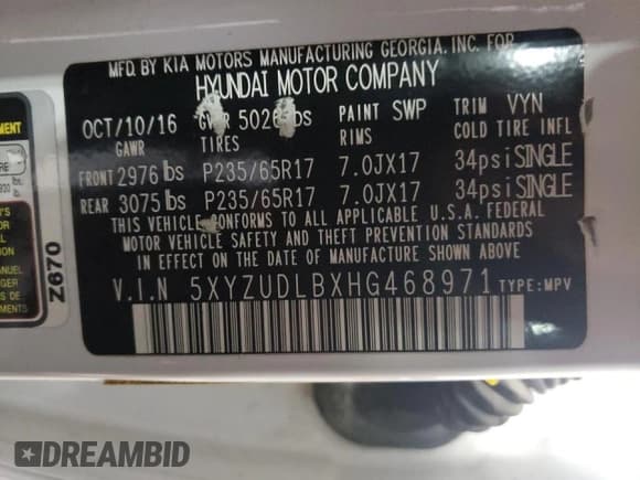 ✅ 2017 Hyundai Santa Fe 2.4L • VIN: 5XYZUDLBXHG468971 • Лот: 47504773. Опубликован ранее на Copart с пробегом 88 507 миль. Бесплатный доступ к архиву аукционных продаж из США и подробный отчёт об истории автомобиля на DreamBid. Изображение 13.