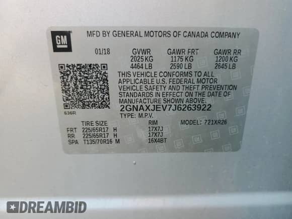 2018 Chevrolet Equinox LT с VIN 2GNAXJEV7J6263922, выставлен на аукционе Copart как лот 71521165 с пробегом 74 123 миль миль и Списание • Salvage title. История ставок и продаж доступна на DreamBid. Изображение 12.