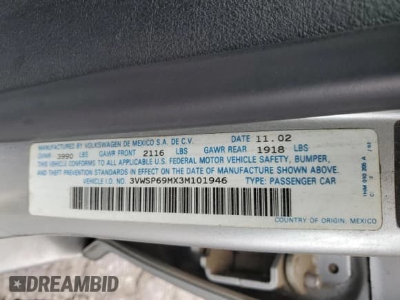 ✅ 2003 Volkswagen Jetta GLS • VIN: 3VWSP69MX3M101946 • Lot: 84433825. Listed on Copart with 260,947 mi. Free auction sales archive from the USA and detailed vehicle history report at DreamBid. Image 12.