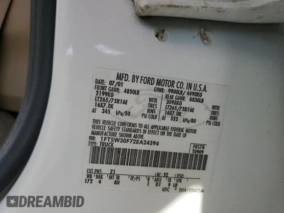 ✅ 2002 Ford F-350 XL • VIN: 1FTSW30F72EA24394 • Лот: 67467504. Опубликован ранее на Copart с пробегом 117 782 миль. Бесплатный доступ к архиву аукционных продаж из США и подробный отчёт об истории автомобиля на DreamBid. Изображение 12.