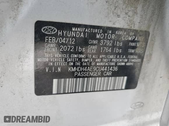 2012 Hyundai Elantra Limited с VIN KMHDH4AE9CU441436, выставлен на аукционе Copart как лот 64636455 с пробегом 112 462 миль миль и Списание • Salvage title. История ставок и продаж доступна на DreamBid. Изображение 12.