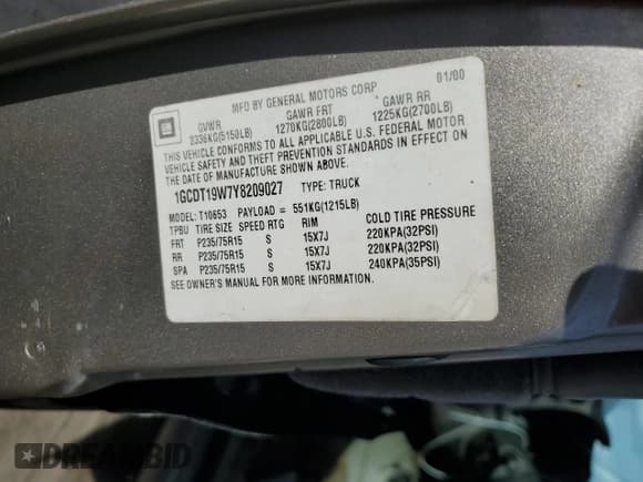 ✅ 2000 Chevrolet S-10 LS • VIN: 1GCDT19W7Y8209027 • Лот: 80109724. Опубликован ранее на Copart с пробегом 121 055 миль. Бесплатный доступ к архиву аукционных продаж из США и подробный отчёт об истории автомобиля на DreamBid. Изображение 14.