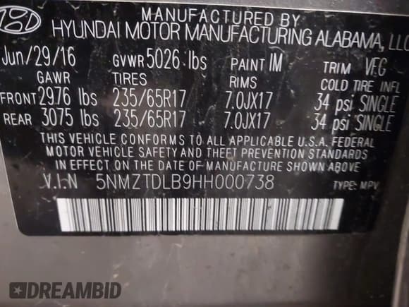 ✅ 2017 Hyundai Santa Fe 2.4L • VIN: 5NMZTDLB9HH000738 • Lot: 43829716. Listed on IAAI with 154,400 mi. Free auction sales archive from the USA and detailed vehicle history report at DreamBid. Image 9.