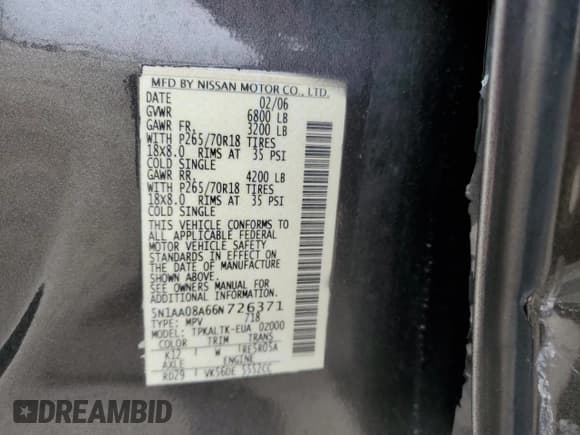 ✅ 2006 Nissan Armada SE • VIN: 5N1AA08A66N726371 • Лот: 68549115. Опубликован ранее на Copart с пробегом 251 964 миль. Бесплатный доступ к архиву аукционных продаж из США и подробный отчёт об истории автомобиля на DreamBid. Изображение 13.