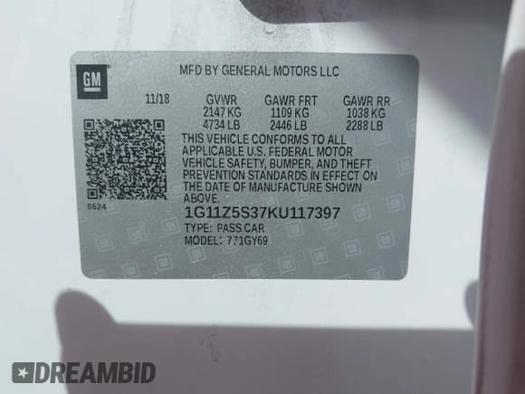 ✅ 2019 Chevrolet Impala LT • VIN: 1G11Z5S37KU117397 • Lot: 43605044. Listed on IAAI with 109,138 mi. Free auction sales archive from the USA and detailed vehicle history report at DreamBid. Image 9.