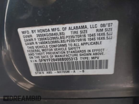 ✅ 2008 Honda Pilot EX • VIN: 5FNYF28498B005313 • Лот: 41892357. Опубликован ранее на IAAI с пробегом 343 011 миль. Бесплатный доступ к архиву аукционных продаж из США и подробный отчёт об истории автомобиля на DreamBid. Изображение 9.