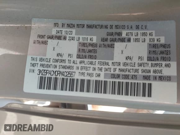 ✅ 2024 Mazda 3 S Preferred • VIN: 3MZBPACM0RM402567 • Лот: 43137383. Опубликован ранее на IAAI с пробегом 22 250 миль. Бесплатный доступ к архиву аукционных продаж из США и подробный отчёт об истории автомобиля на DreamBid. Изображение 9.