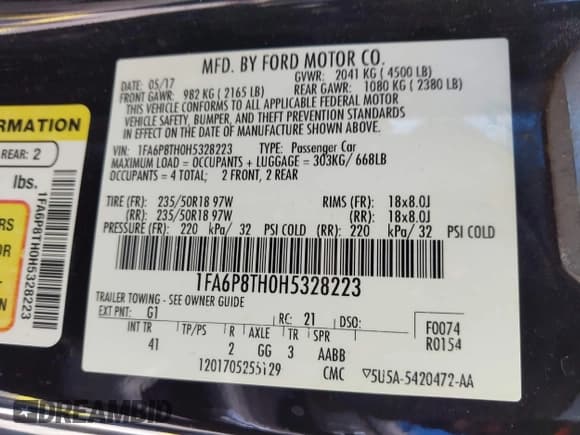 ✅ 2017 Ford Mustang EcoBoost Premium • VIN: 1FA6P8TH0H5328223 • Lot: 41956269. Listed on IAAI with 88,368 mi. Free auction sales archive from the USA and detailed vehicle history report at DreamBid. Image 9.