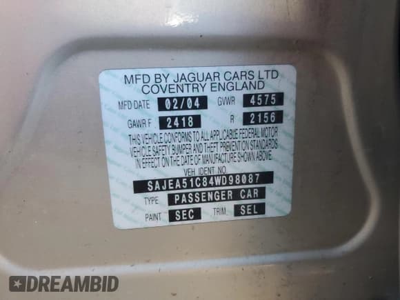 ✅ 2004 Jaguar X-Type • VIN: SAJEA51C84WD98087 • Lot: 80519135. Wystawiony na Copart z przebiegiem 100 758 mil. Bezpłatny archiwum sprzedaży aukcyjnych z USA i szczegółowy raport historii pojazdu na DreamBid. Zdjęcie 12.