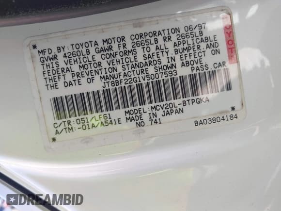 ✅ 1997 Lexus ES 300 • VIN: JT8BF22G1V5007593 • Lot: 41826563. Listed on IAAI with 327,452 mi. Free auction sales archive from the USA and detailed vehicle history report at DreamBid. Image 9.