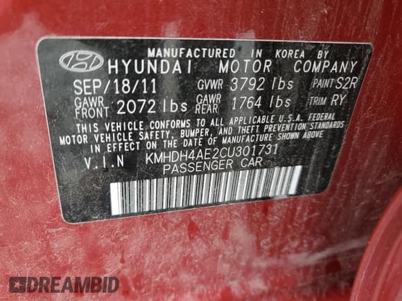 ✅ 2012 Hyundai Elantra GLS • VIN: KMHDH4AE2CU301731 • Lot: 89919035. Listed on Copart with 309,612 mi. Free auction sales archive from the USA and detailed vehicle history report at DreamBid. Image 12.