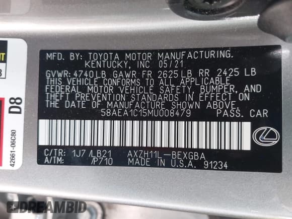 ✅ 2021 Lexus ES 300h Luxury • VIN: 58AEA1C15MU008479 • Lot: 42638671. Wystawiony na IAAI z przebiegiem 44 845 mil. Bezpłatny archiwum sprzedaży aukcyjnych z USA i szczegółowy raport historii pojazdu na DreamBid. Zdjęcie 9.