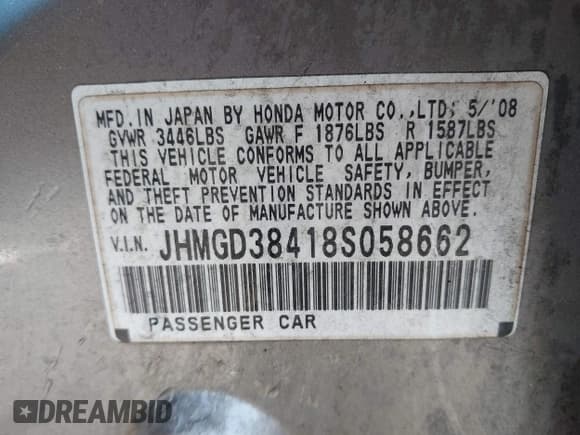 ✅ 2008 Honda Fit • VIN: JHMGD38418S058662 • Lot: 41992796. Listed on IAAI with 140,933 mi. Free auction sales archive from the USA and detailed vehicle history report at DreamBid. Image 9.