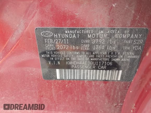 ✅ 2011 Hyundai Elantra GLS • VIN: KMHDH4AE3BU117106 • Lot: 42696367. Listed on IAAI with 216,573 mi. Free auction sales archive from the USA and detailed vehicle history report at DreamBid. Image 9.