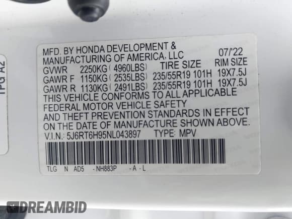 ✅ 2022 Honda CR-V Touring • VIN: 5J6RT6H95NL043897 • Lot: 43316993. Listed on IAAI with 154,584 mi. Free auction sales archive from the USA and detailed vehicle history report at DreamBid. Image 9.