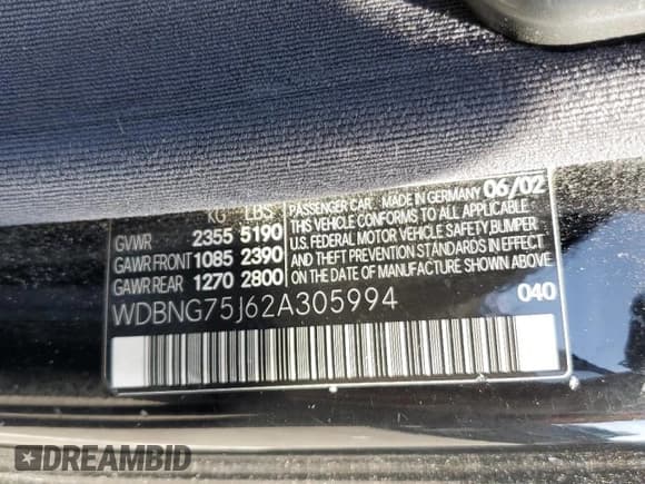 ✅ 2002 Mercedes-Benz S 500 • VIN: WDBNG75J62A305994 • Lot: 71036634. Listed on Copart with 142,679 mi. Free auction sales archive from the USA and detailed vehicle history report at DreamBid. Image 12.