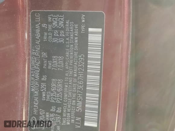 ✅ 2007 Hyundai Santa Fe SE • VIN: 5NMSH73E67H123295 • Lot: 81573734. Listed on Copart with 200,993 mi. Free auction sales archive from the USA and detailed vehicle history report at DreamBid. Image 13.