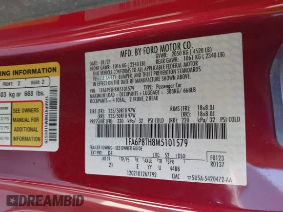 ✅ 2021 Ford Mustang EcoBoost • VIN: 1FA6P8TH8M5101579 • Lot: 41793217. Listed on IAAI with 62,897 mi. Free auction sales archive from the USA and detailed vehicle history report at DreamBid. Image 9.