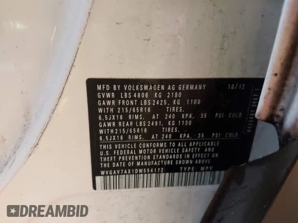 ✅ 2013 Volkswagen Tiguan S • VIN: WVGAV7AX1DW554172 • Lot: 43569906. Listed on IAAI with 127,405 mi. Free auction sales archive from the USA and detailed vehicle history report at DreamBid. Image 9.