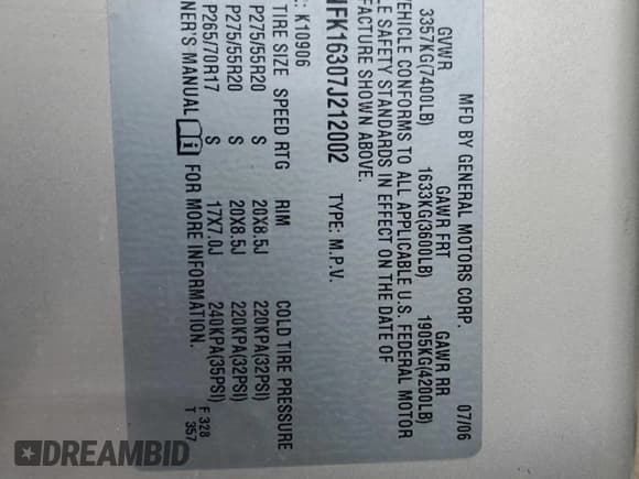 ✅ 2007 Chevrolet Suburban LTZ • VIN: 1GNFK16307J212002 • Lot: 90909825. Listed on Copart with 204,818 mi. Free auction sales archive from the USA and detailed vehicle history report at DreamBid. Image 13.