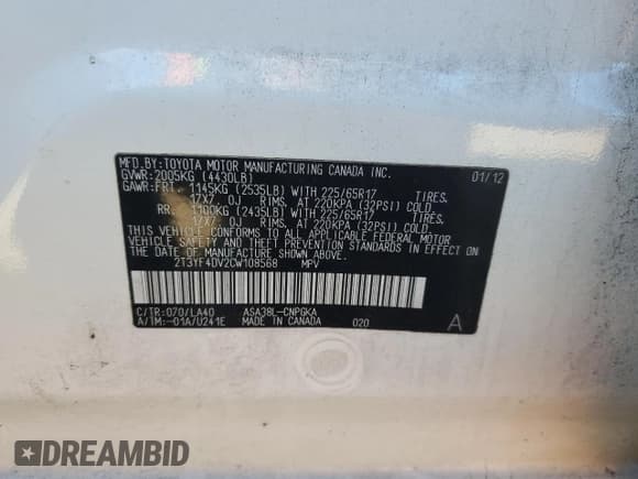 ✅ 2012 Toyota RAV4 Limited • VIN: 2T3YF4DV2CW108568 • Lot: 86407755. Listed on Copart with Not provided. Free auction sales archive from the USA and detailed vehicle history report at DreamBid. Image 13.