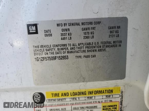 ✅ 2009 Chevrolet Malibu Hybrid • VIN: 1G1ZF57509F152853 • Lot: 69320004. Listed on Copart with Not provided. Free auction sales archive from the USA and detailed vehicle history report at DreamBid. Image 13.