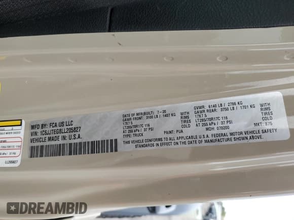 ✅ 2020 Jeep Gladiator Mojave • VIN: 1C6JJTEG8LL205827 • Lot: 68440964. Listed on Copart with Not provided. Free auction sales archive from the USA and detailed vehicle history report at DreamBid. Image 13.