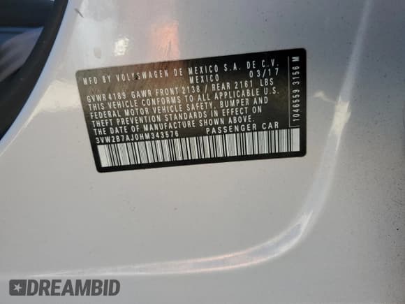 ✅ 2017 Volkswagen Jetta S • VIN: 3VW2B7AJ0HM343576 • Lot: 86503755. Listed on Copart with 93,929 mi. Free auction sales archive from the USA and detailed vehicle history report at DreamBid. Image 12.