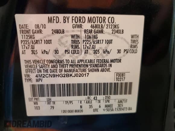 2011 Mercury Mariner Premier с VIN 4M2CN9HG2BKJ02017, выставлен на аукционе Copart как лот 66456905 с пробегом 53 638 миль миль и Списание • Salvage title. История ставок и продаж доступна на DreamBid. Изображение 13.