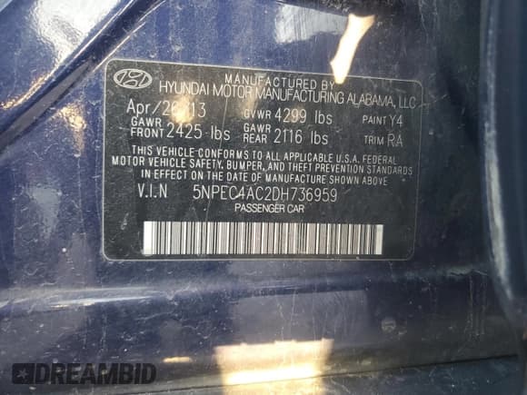 ✅ 2013 Hyundai Sonata SE • VIN: 5NPEC4AC2DH736959 • Lot: 72374184. Listed on Copart with 224,474 mi. Free auction sales archive from the USA and detailed vehicle history report at DreamBid. Image 13.