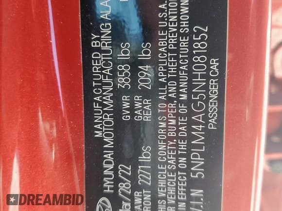 ✅ 2022 Hyundai Elantra SEL • VIN: 5NPLM4AG5NH081852 • Lot: 85712675. Listed on Copart with 36,272 mi. Free auction sales archive from the USA and detailed vehicle history report at DreamBid. Image 12.