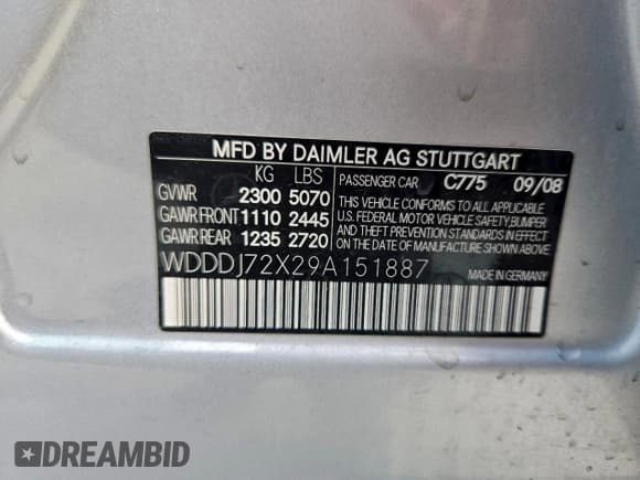 ✅ 2009 Mercedes-Benz CLS 550 • VIN: WDDDJ72X29A151887 • Lot: 93690105. Listed on Copart with Not provided. Free auction sales archive from the USA and detailed vehicle history report at DreamBid. Image 12.