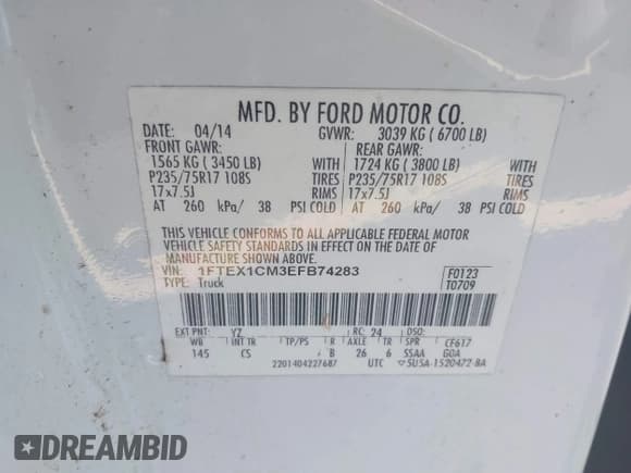 ✅ 2014 Ford F-150 XLT • VIN: 1FTEX1CM3EFB74283 • Lot: 43017667. Listed on IAAI with 208,369 mi. Free auction sales archive from the USA and detailed vehicle history report at DreamBid. Image 9.