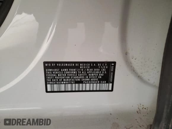 ✅ 2021 Volkswagen Golf TSI • VIN: 3VWG57AU3MM007762 • Lot: 39200464. Wystawiony na Copart z przebiegiem 19 010 mil. Bezpłatny archiwum sprzedaży aukcyjnych z USA i szczegółowy raport historii pojazdu na DreamBid. Zdjęcie 12.