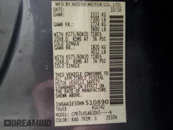 ✅ 2017 Nissan Titan Pro-4X • VIN: 1N6AA1E50HN510890 • Lot: 85209325. Listed on Copart with 93,978 mi. Free auction sales archive from the USA and detailed vehicle history report at DreamBid. Image 13.