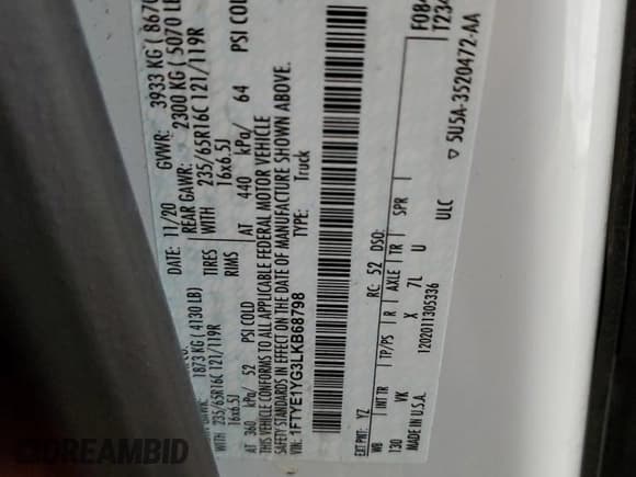 ✅ 2020 Ford Transit Cargo • VIN: 1FTYE1YG3LKB68798 • Lot: 76938994. Wystawiony na Copart z przebiegiem 89 844 mil. Bezpłatny archiwum sprzedaży aukcyjnych z USA i szczegółowy raport historii pojazdu na DreamBid. Zdjęcie 13.