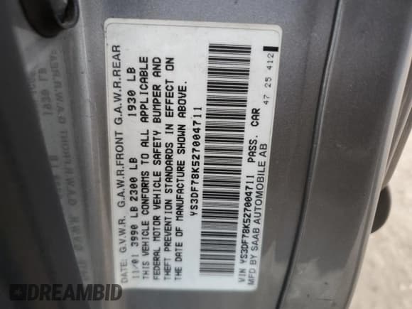 ✅ 2002 Saab 9-3 SE • VIN: YS3DF78K527004711 • Lot: 88905575. Wystawiony na Copart z przebiegiem 139 866 mil. Bezpłatny archiwum sprzedaży aukcyjnych z USA i szczegółowy raport historii pojazdu na DreamBid. Zdjęcie 12.