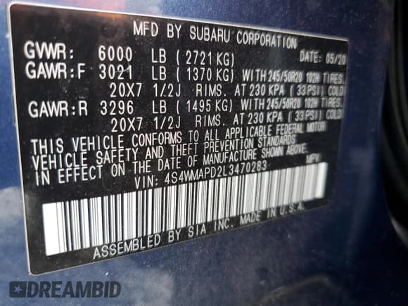 ✅ 2020 Subaru Ascent Limited • VIN: 4S4WMAPD2L3470283 • Lot: 90118605. Listed on Copart with 67,279 mi. Free auction sales archive from the USA and detailed vehicle history report at DreamBid. Image 13.